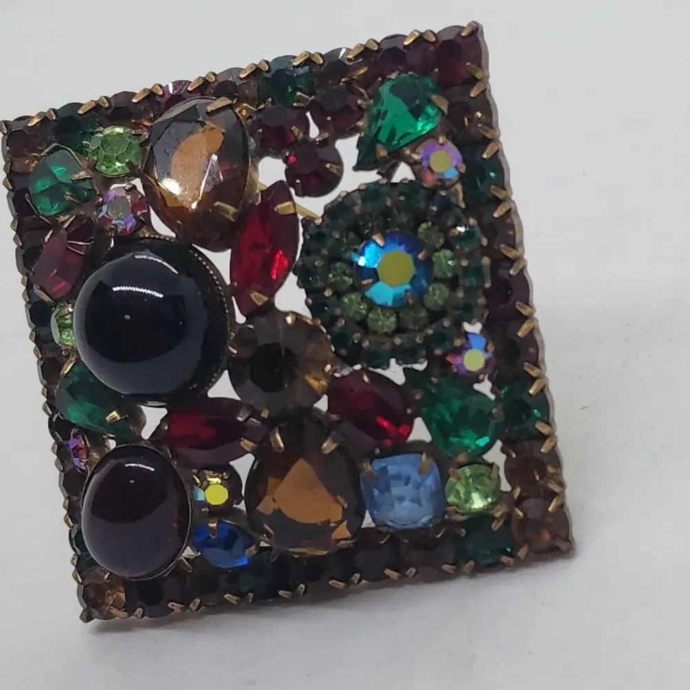 Vintage HUGE Weiss Fruit Salad Rhinestone Cabochon Square Multicolor Unsigned